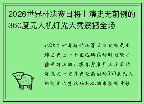 2026世界杯决赛日将上演史无前例的360度无人机灯光大秀震撼全场